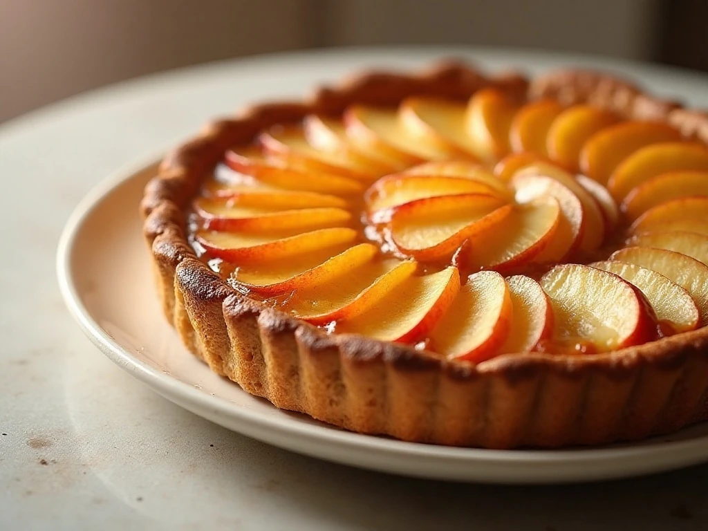 French cinnamon apple tart with golden crust and glossy apple slices