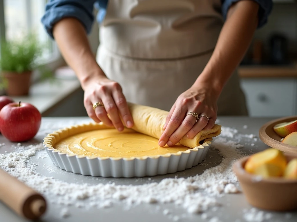 Rolling sweet pastry for a French apple tart