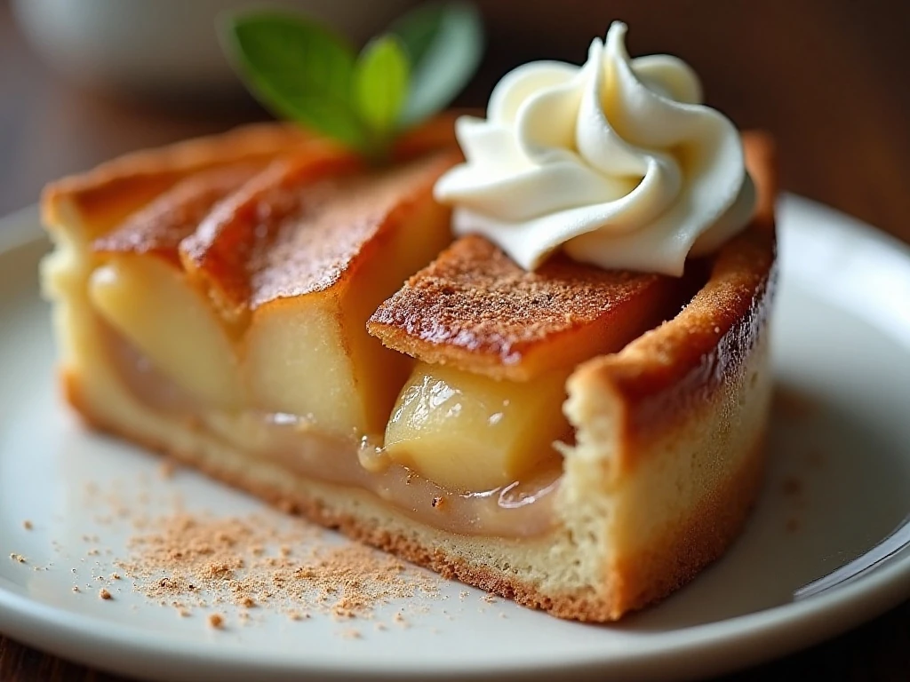 Slice of French apple tart served with crème fraîche