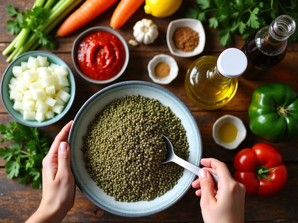 Ingredients for classic French lentil soup arranged on a kitchen counter