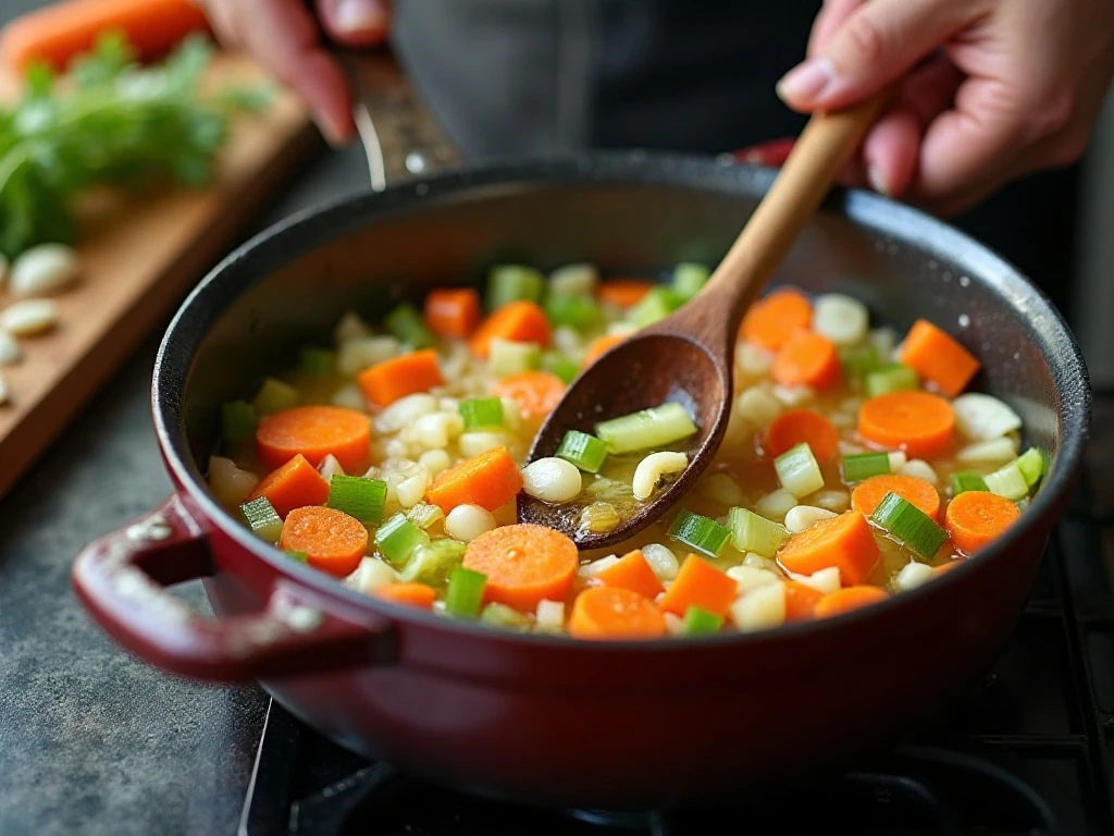 Sautéing the vegetables for French lentil soup in a Dutch oven