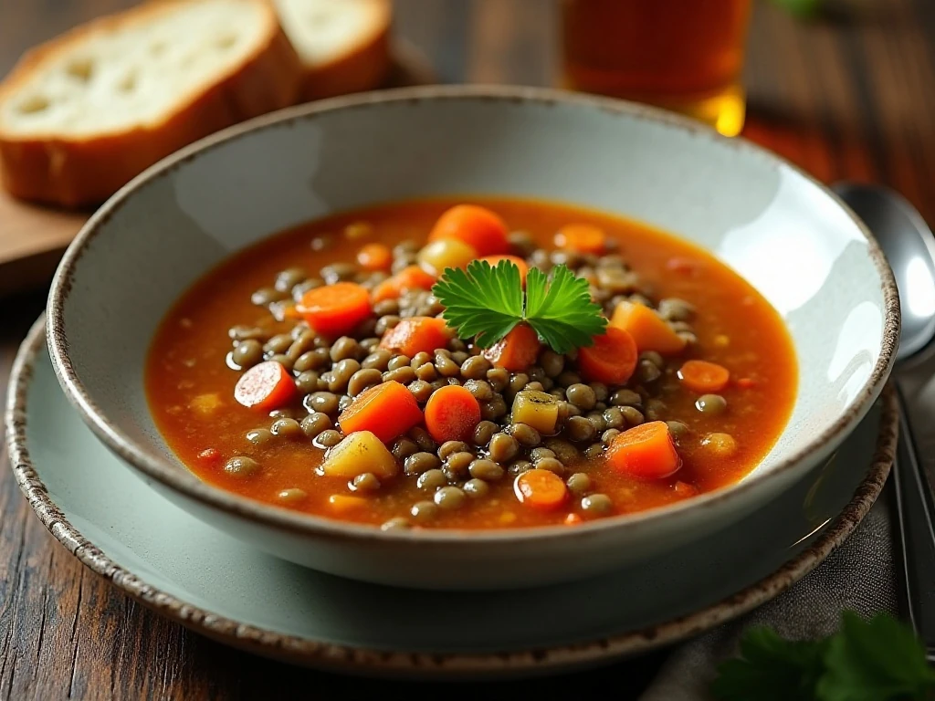 A bowl of classic French lentil soup garnished with parsley and served with bread