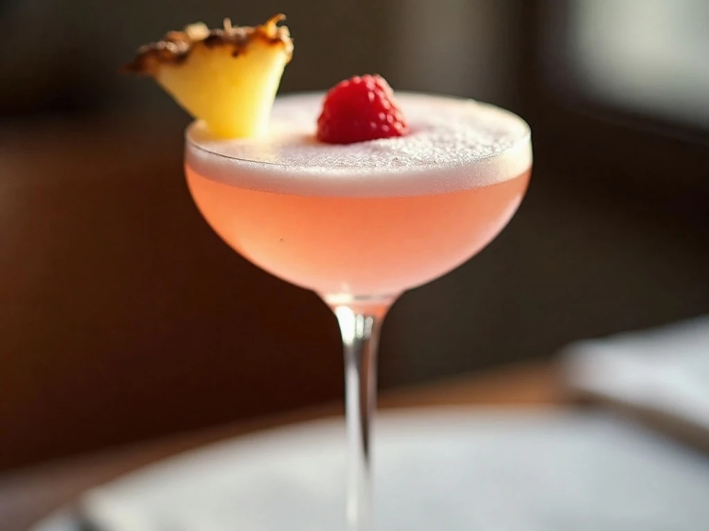 Pale pink French Martini with raspberry garnish in a chilled coupe glass