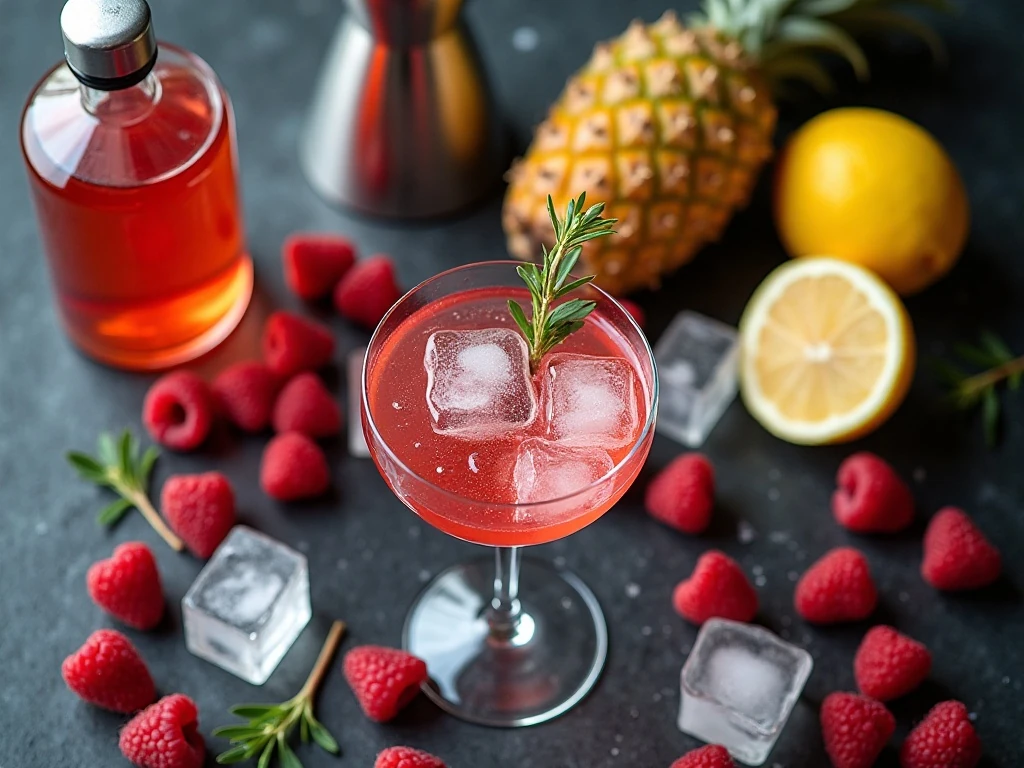Ingredients for a French Martini arranged with vodka, raspberry liqueur, pineapple juice, and garnish