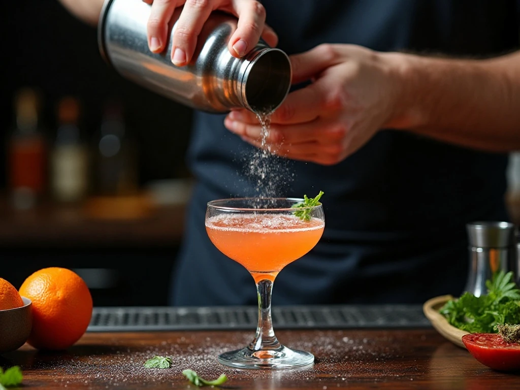 Cocktail shaker being vigorously shaken to prepare a French Martini