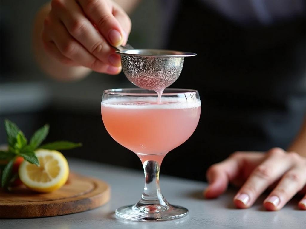 French Martini being strained into a chilled coupe glass to create a smooth foamy top
