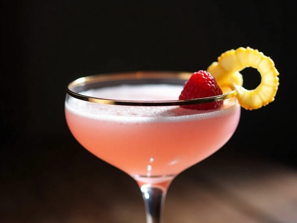 Fresh raspberry and lemon twist garnishing a French Martini