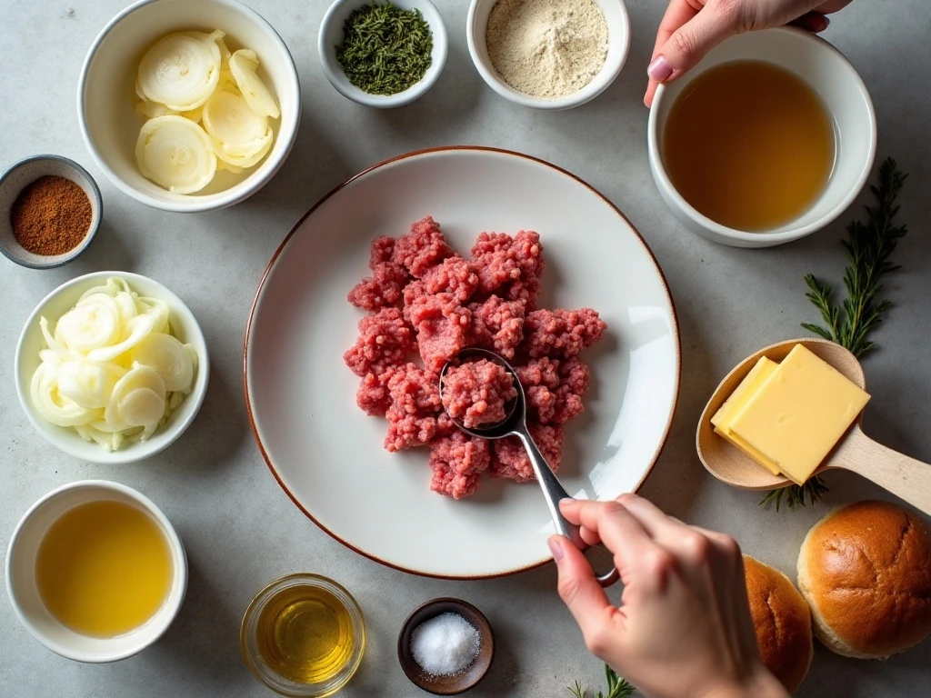 Ingredients for French onion burgers with caramelized onions