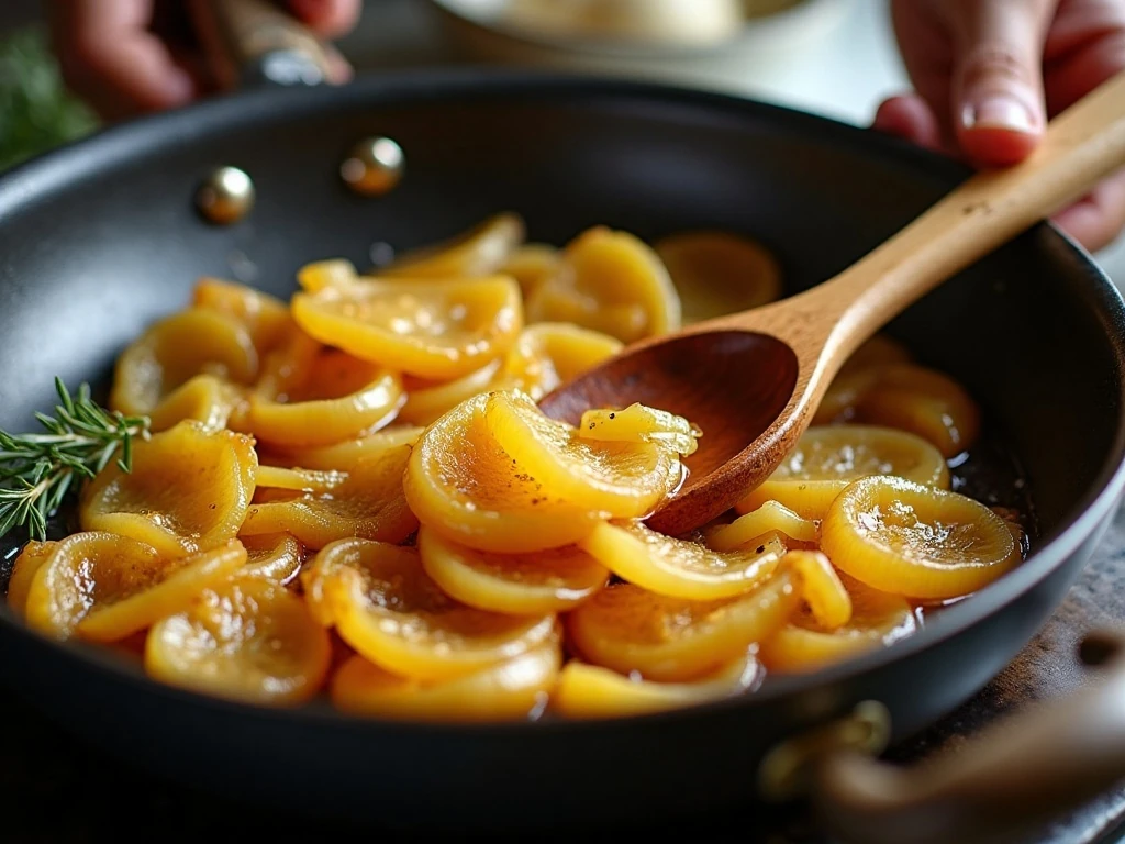 Deep golden caramelized onions in a skillet