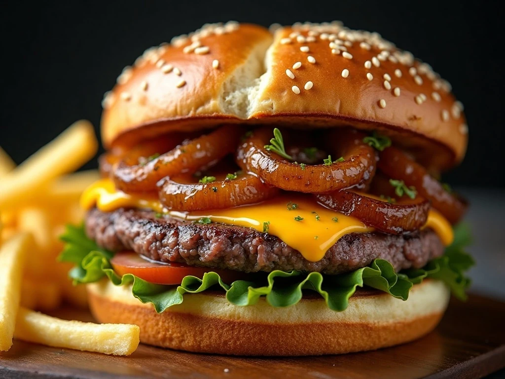 Close-up French onion burger with cheese and caramelized onions