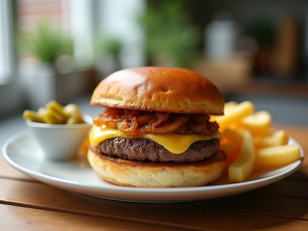 French onion burger ready to serve with fries and pickles
