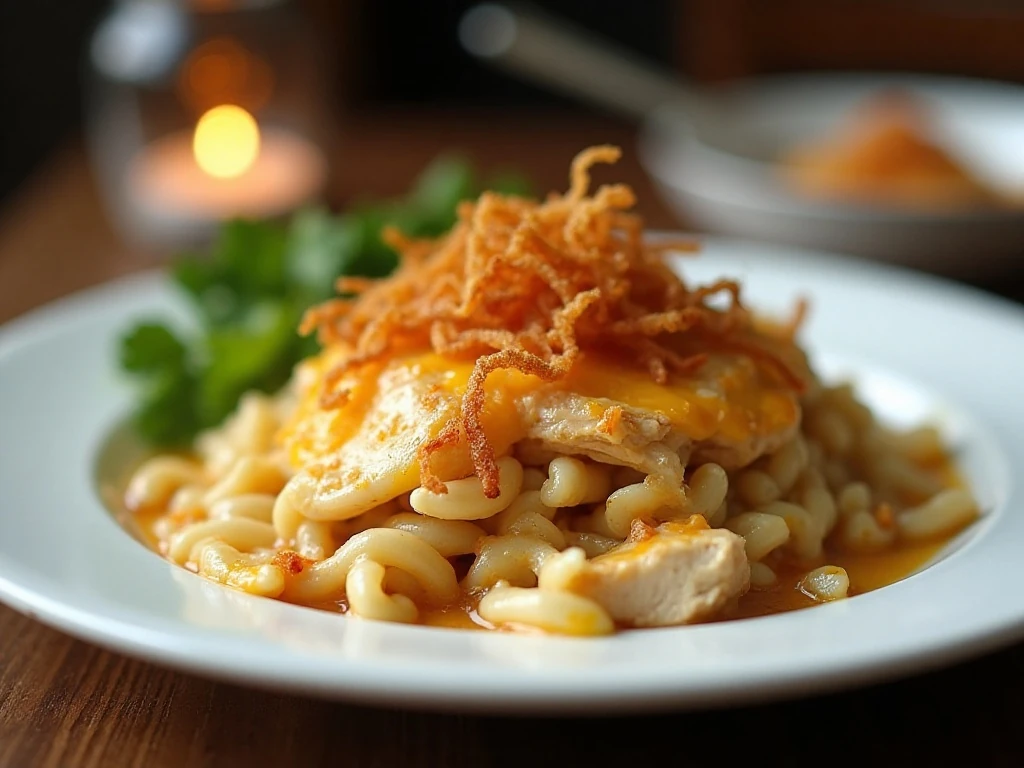 Serving of creamy French onion chicken casserole with crispy onions