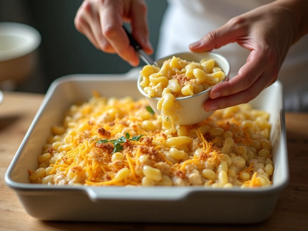 Mixing chicken noodles and creamy sauce for casserole