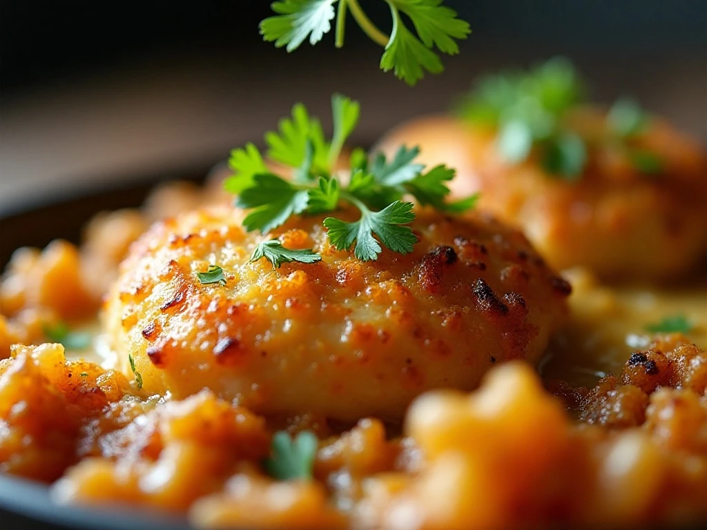 Crispy onion and parsley topping on chicken casserole