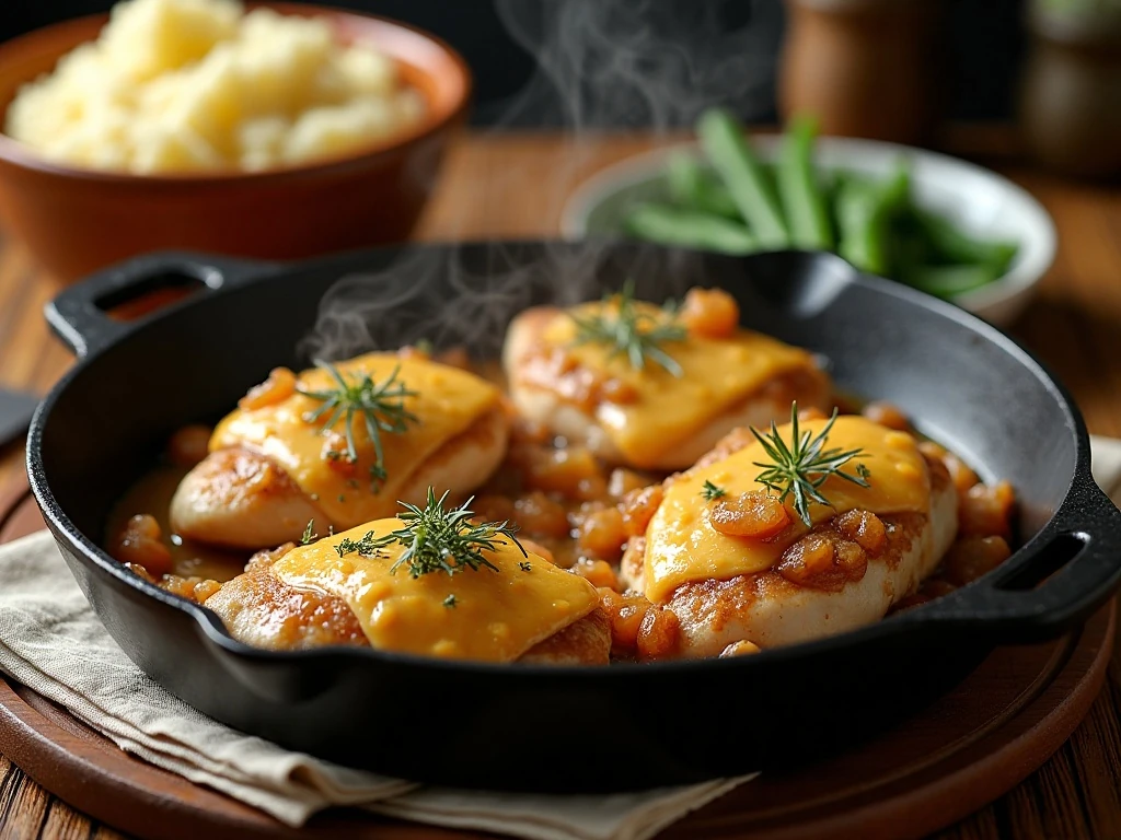 One-skillet French onion chicken served with mashed potatoes and green beans