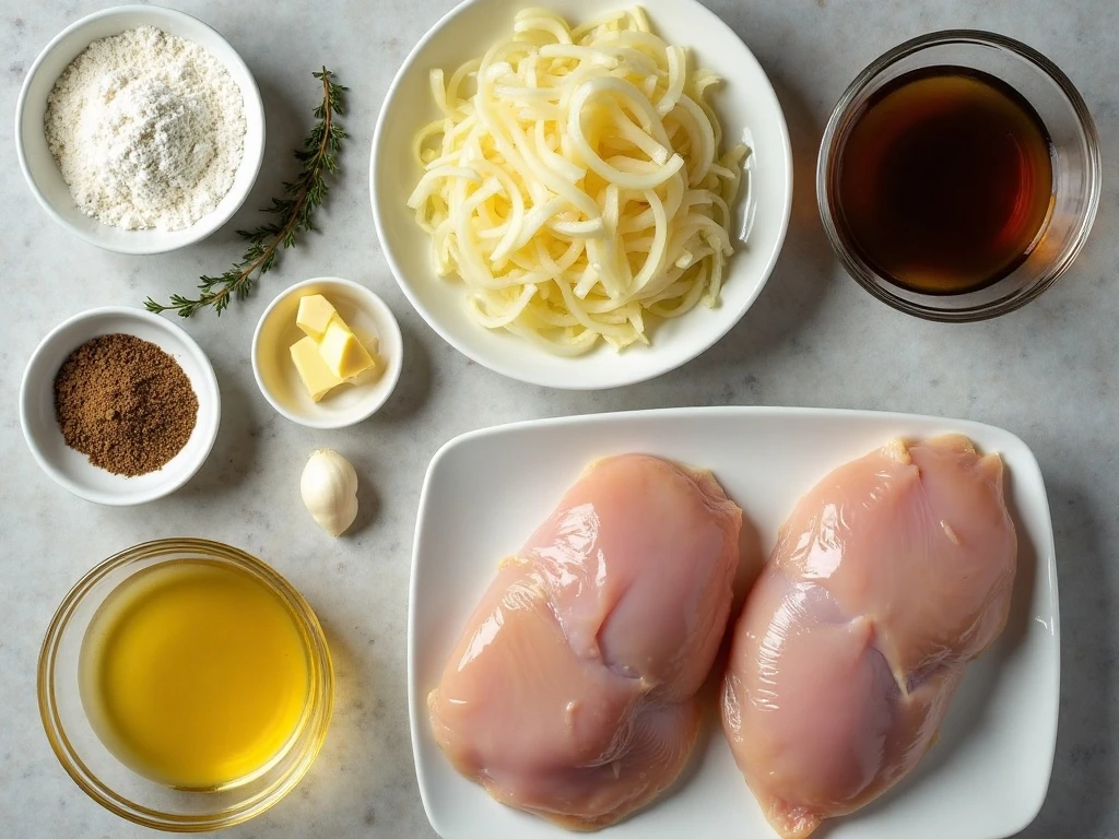 Ingredients for easy one-skillet French onion chicken