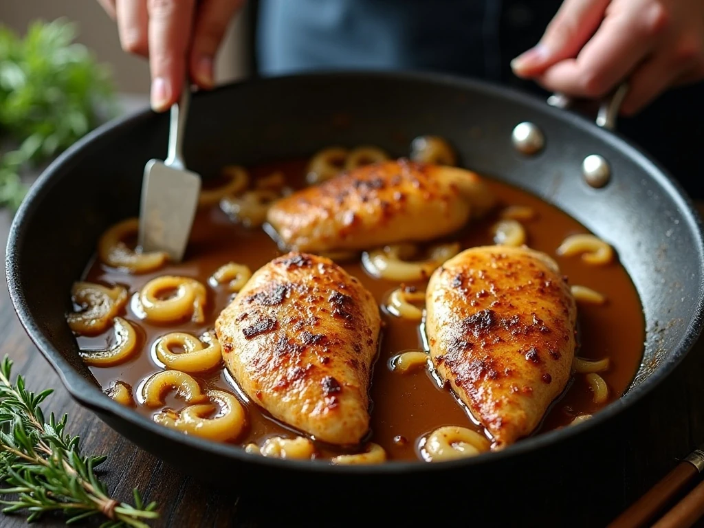 Deeply browned onions and chicken simmering in savory sauce