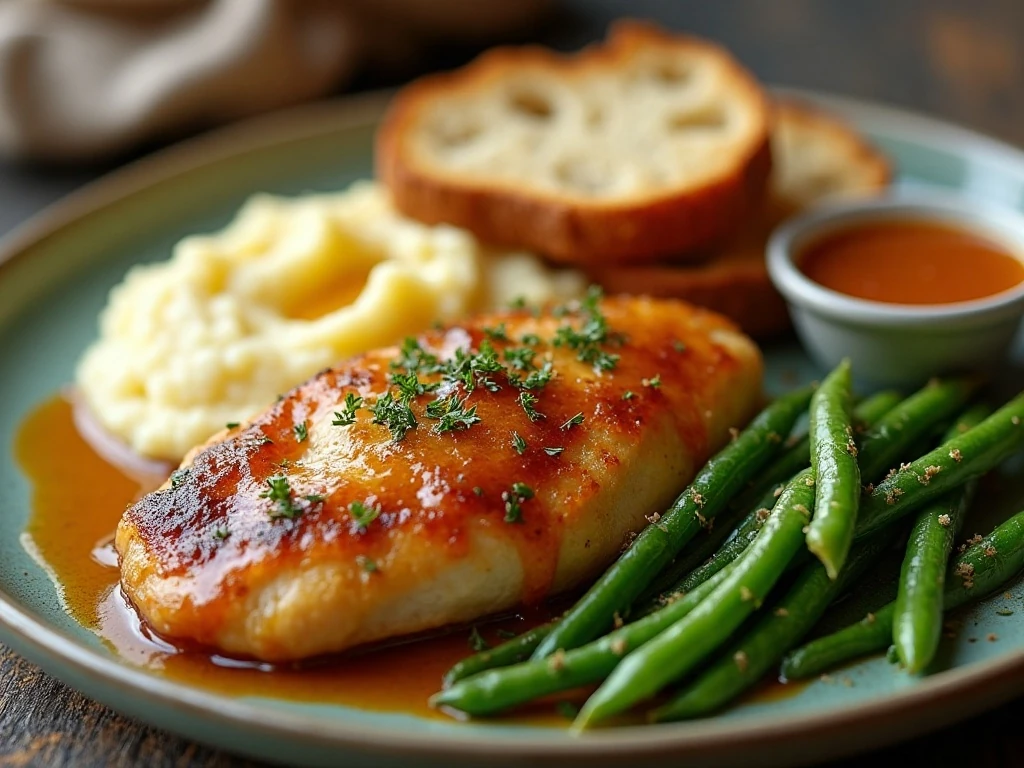French onion chicken dinner with mashed potatoes, green beans, and bread