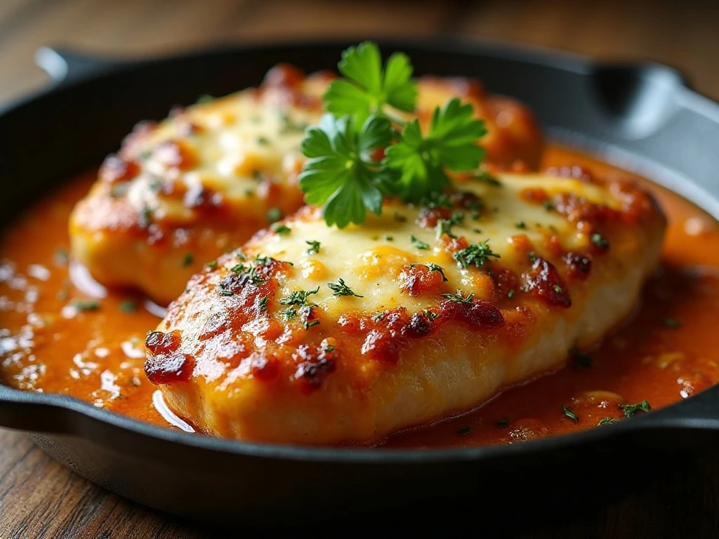 French onion chicken topped with melted cheese and fresh parsley