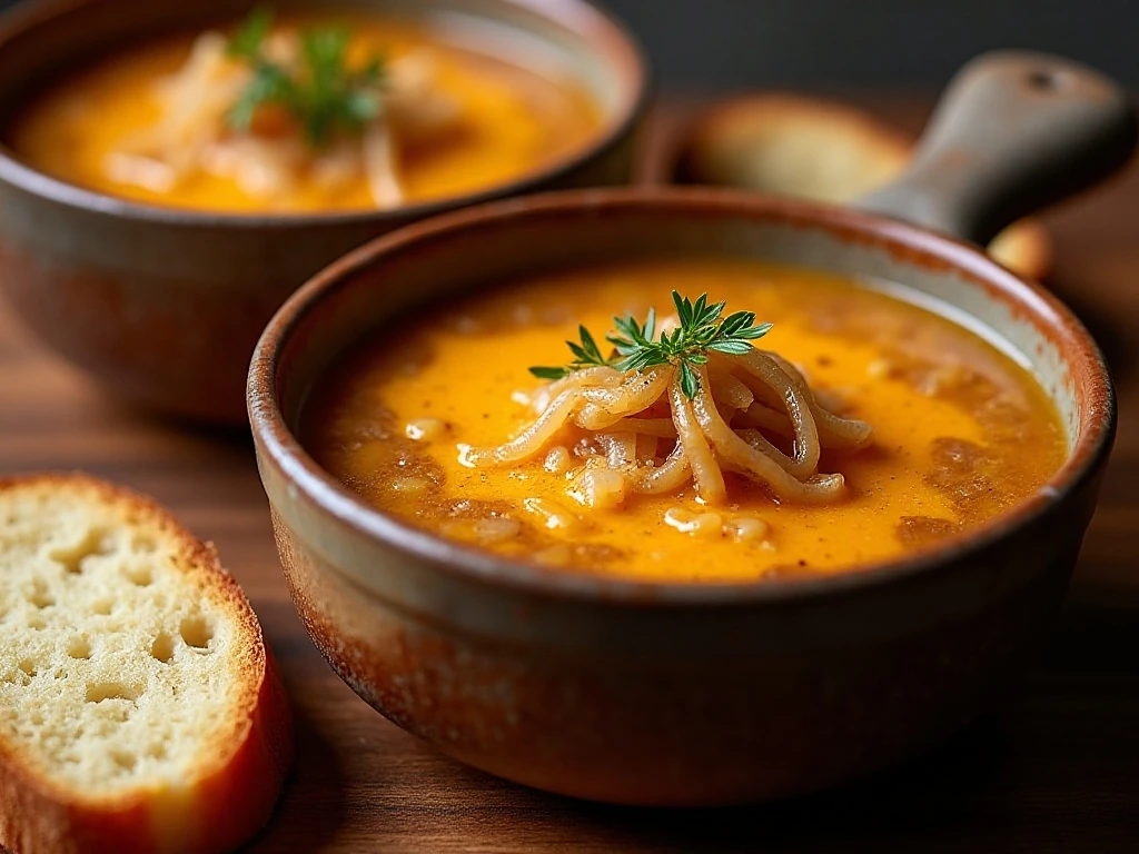 French onion soup with Vidalia onions, toasted baguette, and melted Gruyere