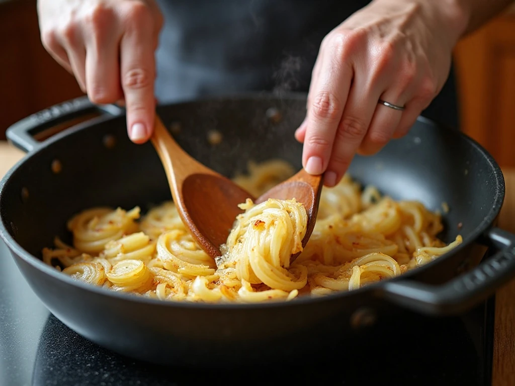 Vidalia onions caramelizing in a Dutch oven for French onion soup