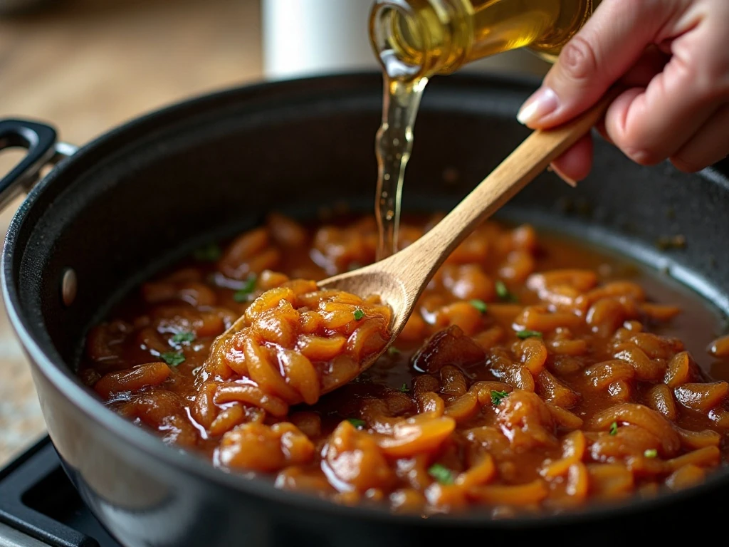 Deglazing caramelized onions with white wine for French onion soup