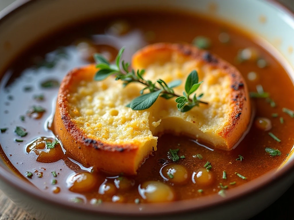 Broiled Gruyere topping on make-ahead French onion soup
