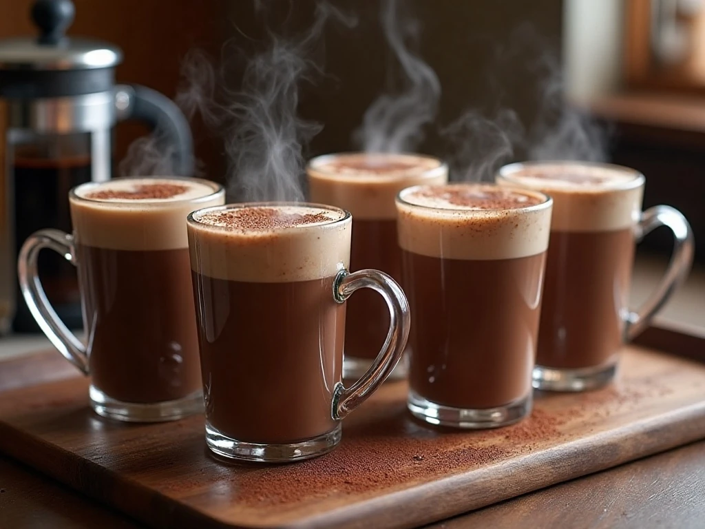Four mugs of rich French press hot chocolate ready to serve