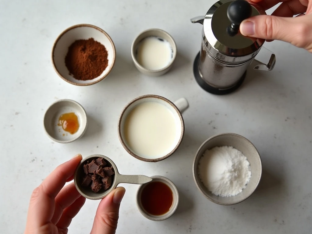 Ingredients for French press hot chocolate arranged beside a French press