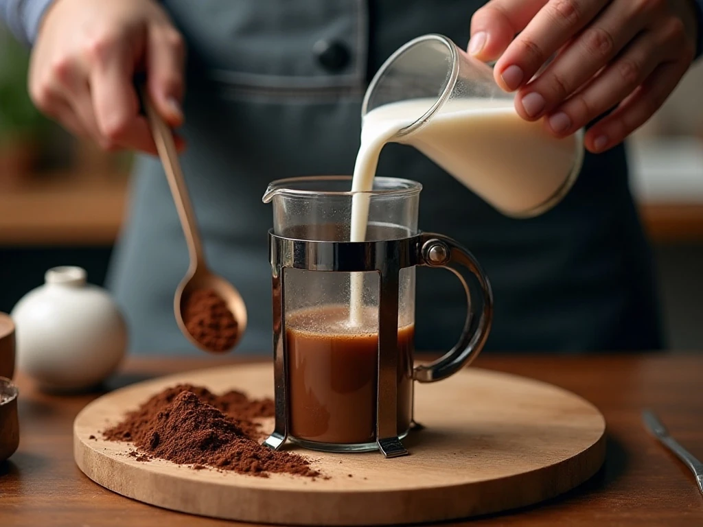 Hot milk being poured over chocolate in a French press