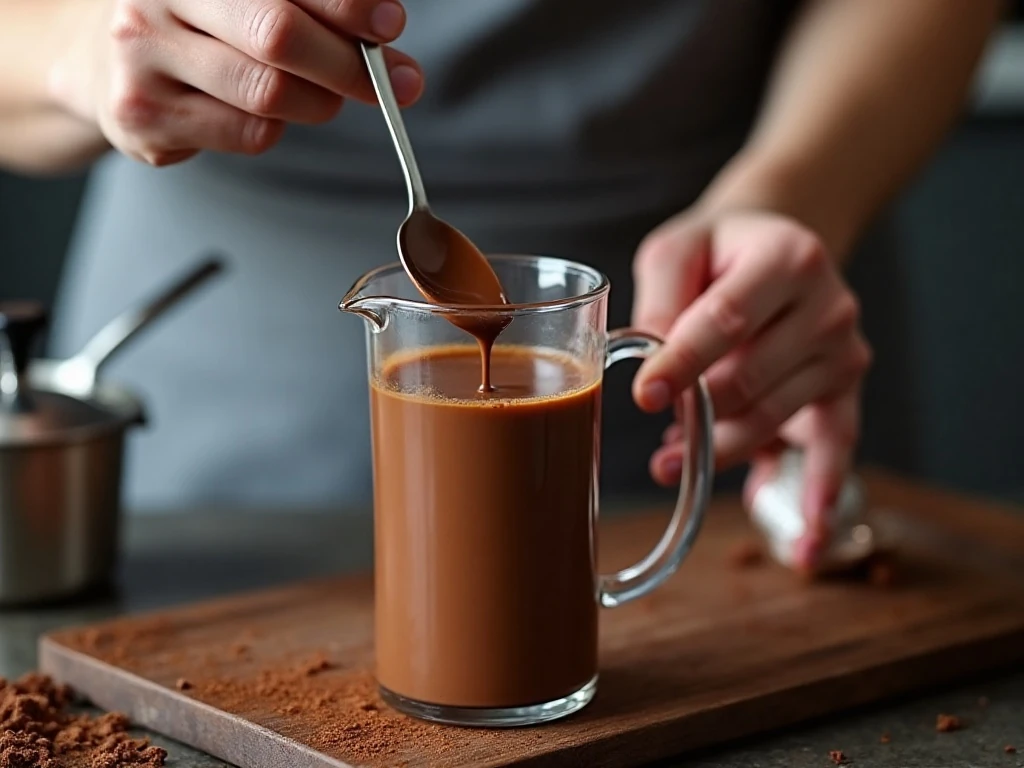 Stirring chocolate and milk together in a French press for a smooth drink