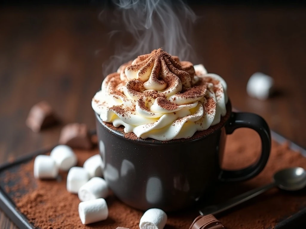French press hot chocolate topped with whipped cream and chocolate shavings