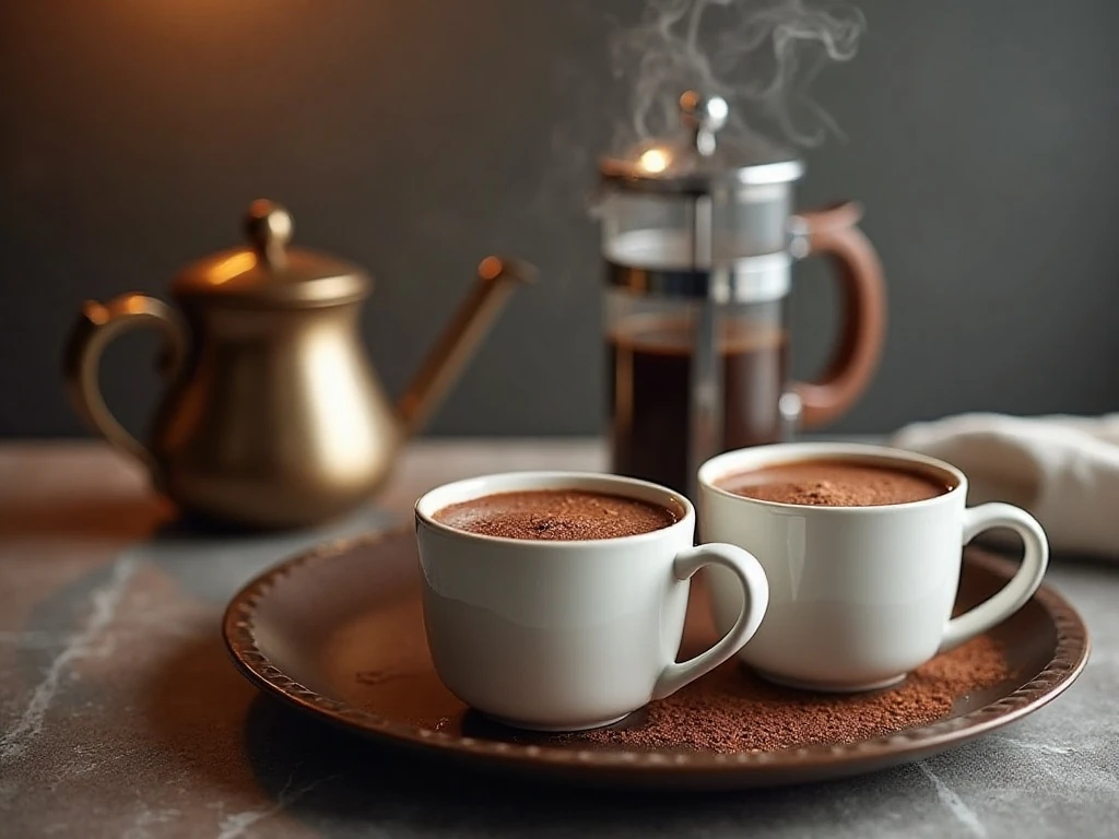Freshly reheated French press hot chocolate served in ceramic mugs