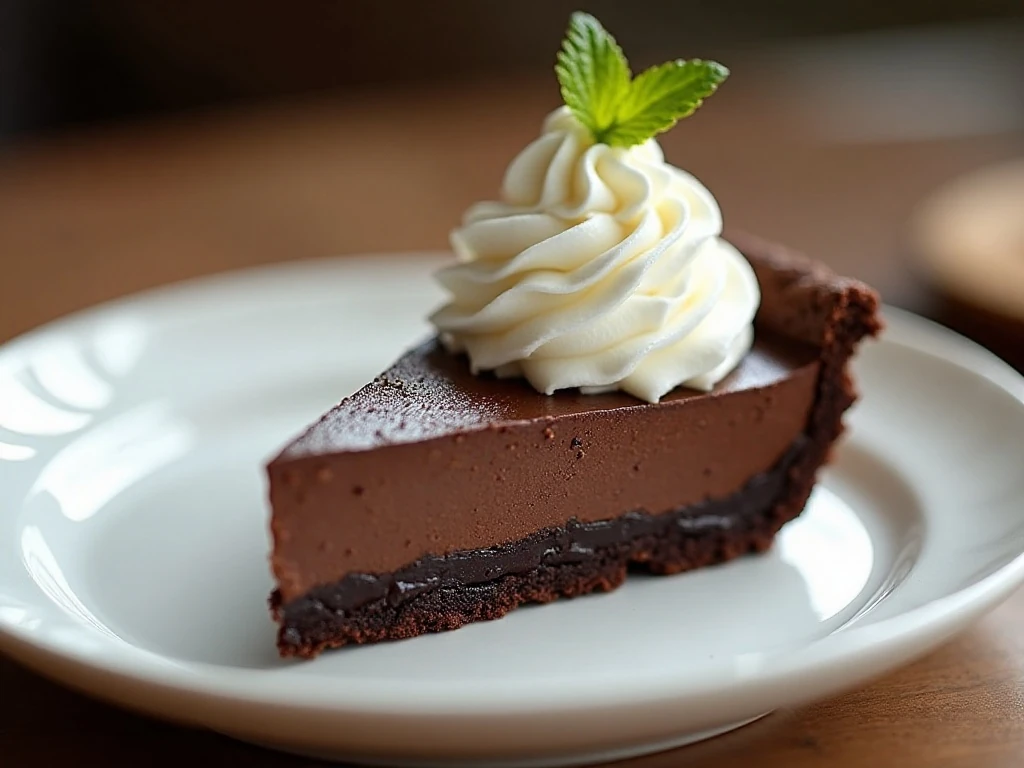 Slice of rich French silk pie with whipped cream and chocolate crust