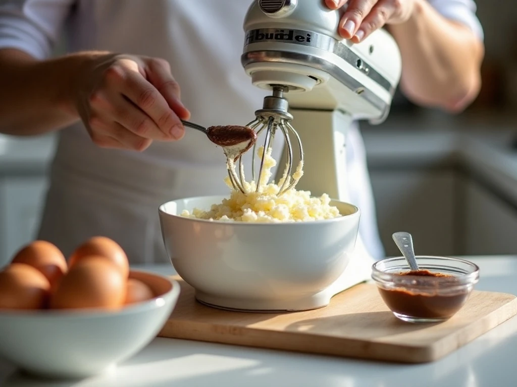Whipping butter and sugar for silky chocolate pie filling