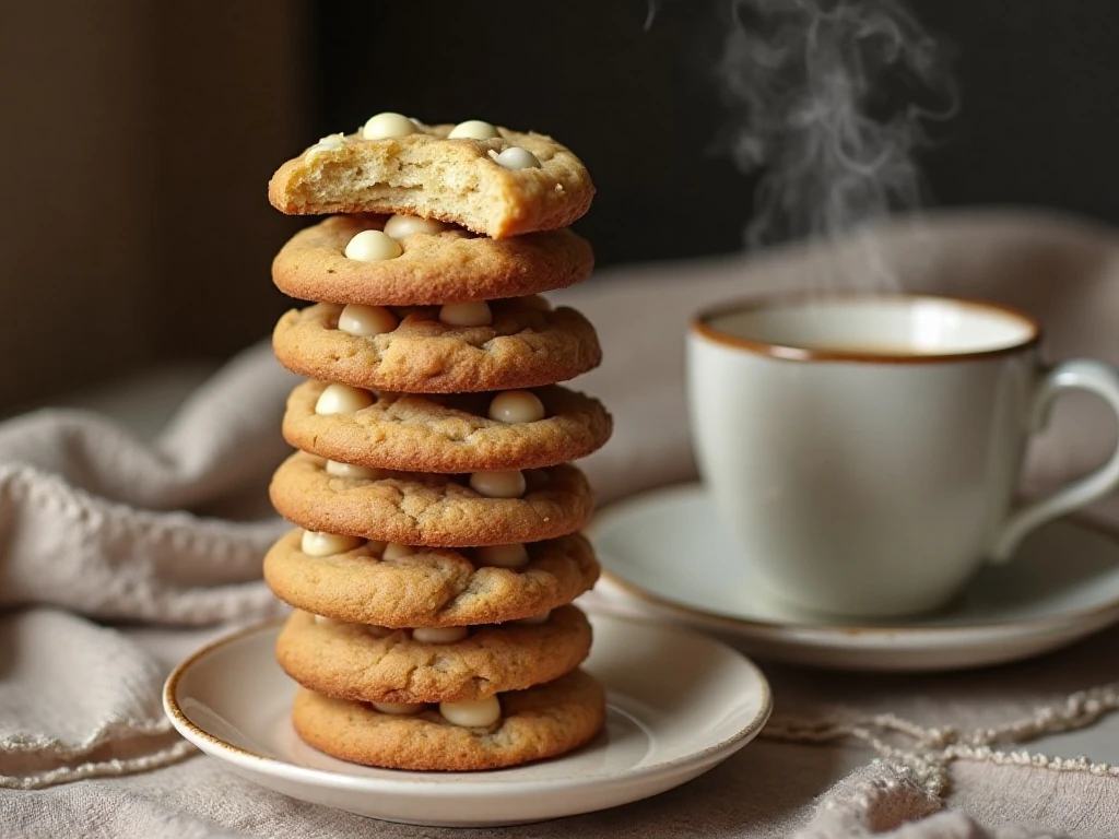 Stack of soft French vanilla coffee cookies beside a mug of coffee