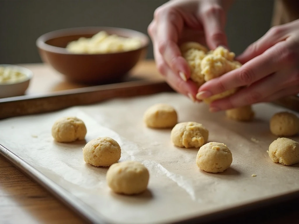 Cookie dough portions spaced on a parchment-lined baking sheet