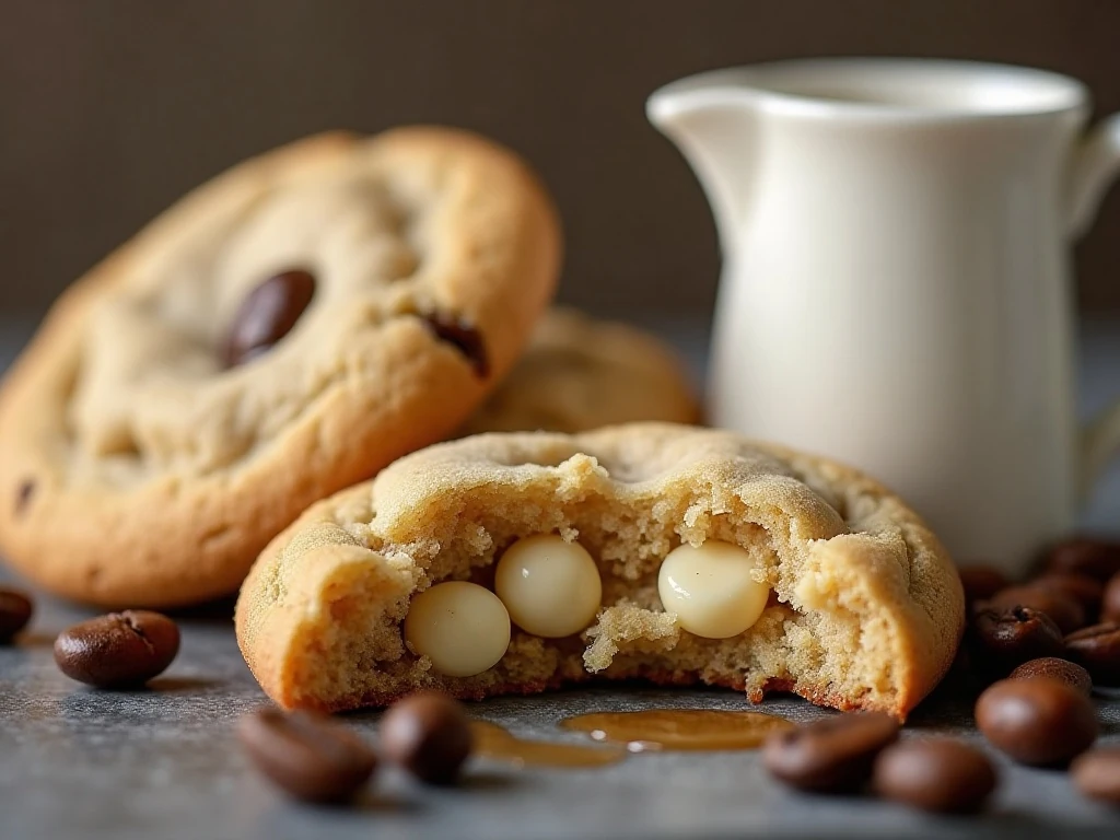 Close-up of a chewy coffee cookie with white chocolate chips
