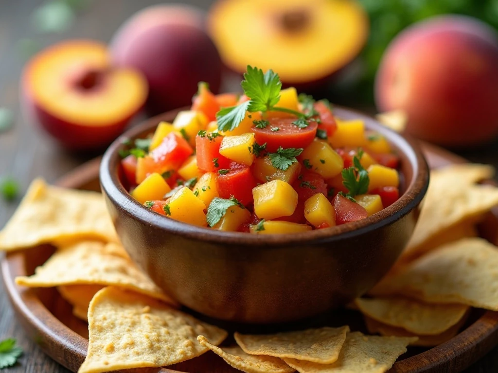 Fresh peach salsa served with tortilla chips