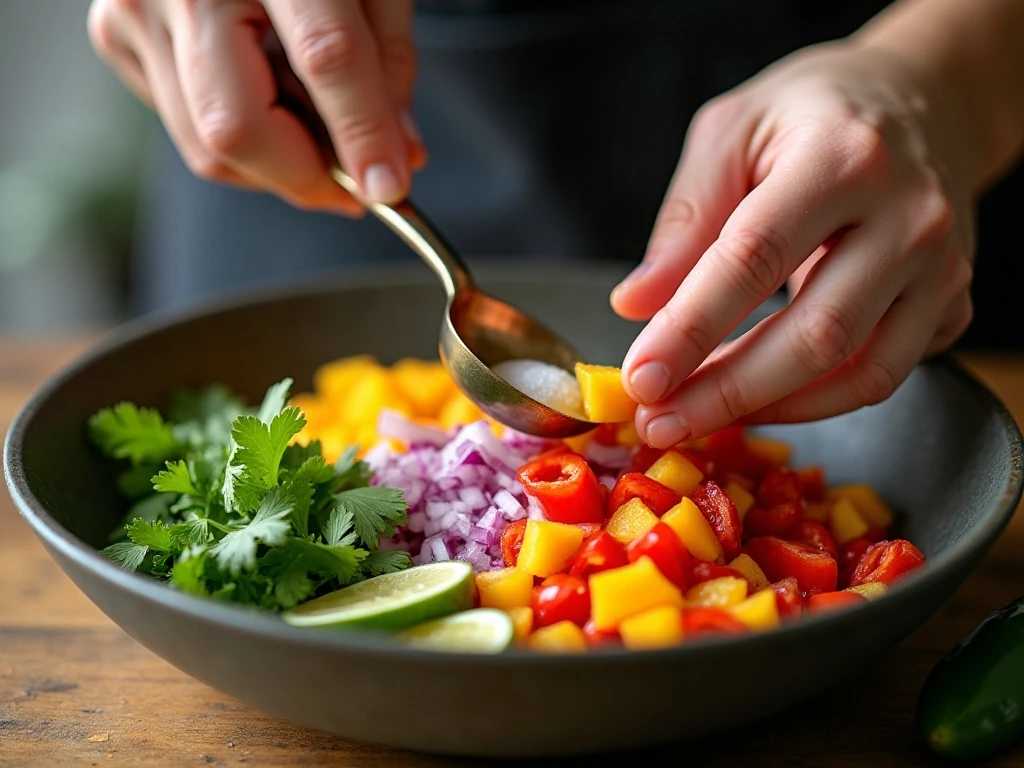 Fresh peach salsa ingredients being gently mixed