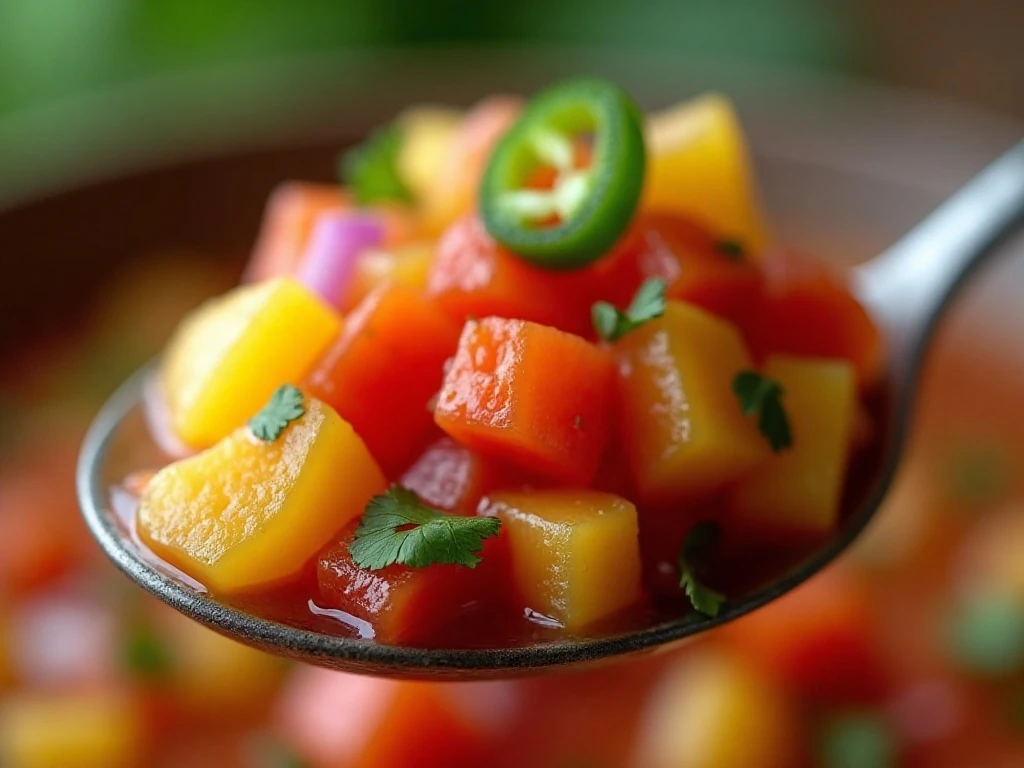 Close-up texture of diced peach salsa