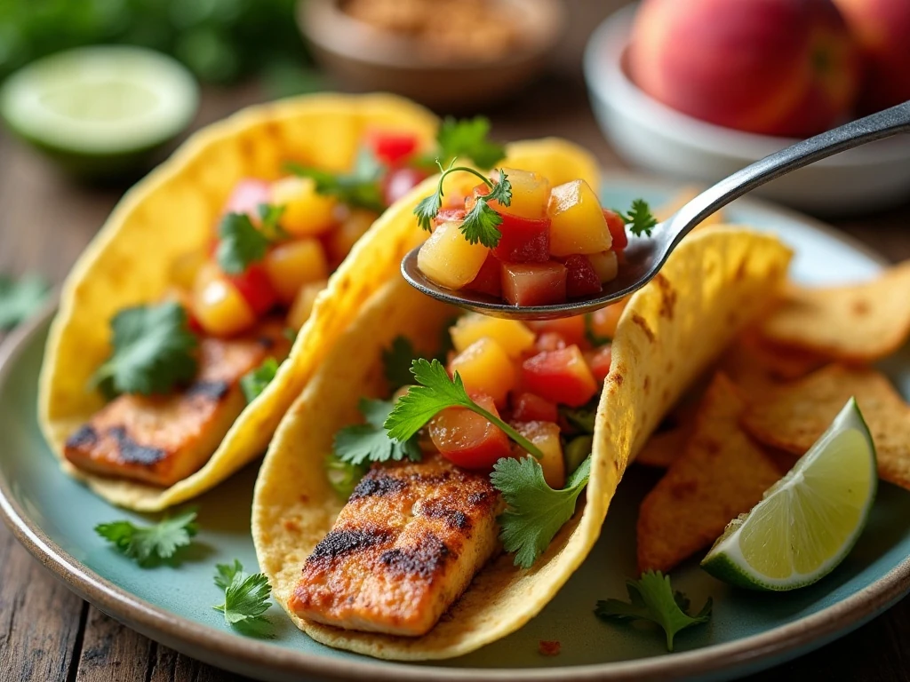 Peach salsa served with tacos and tortilla chips