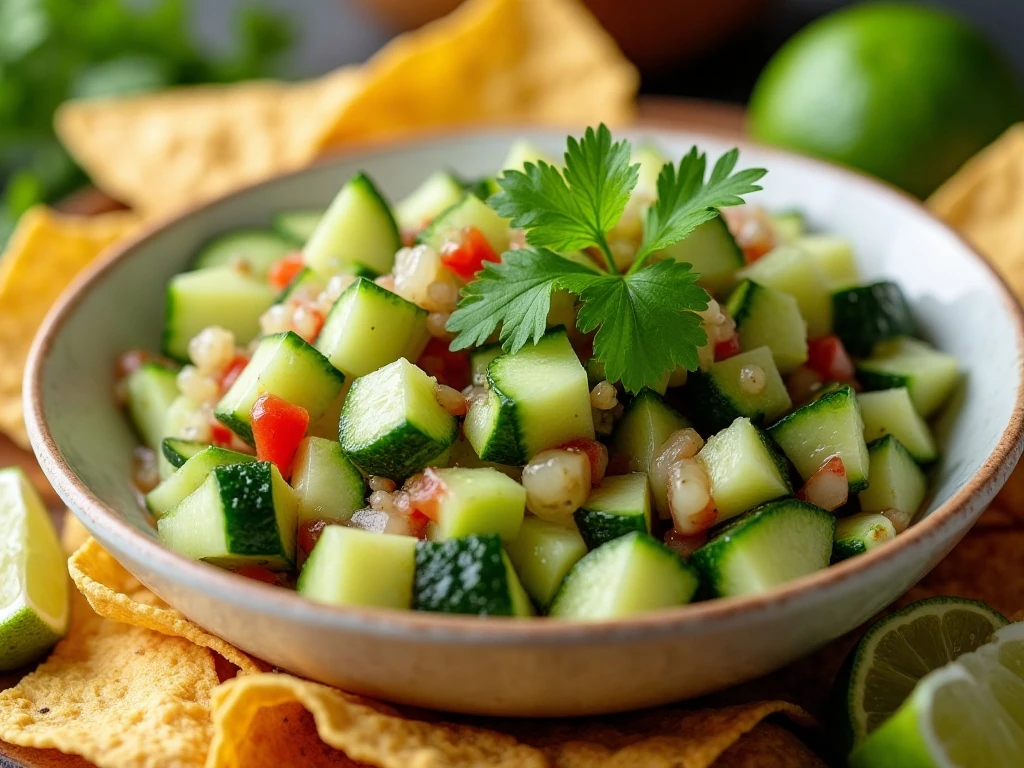 Bowl of fresh chunky cucumber salsa with tortilla chips
