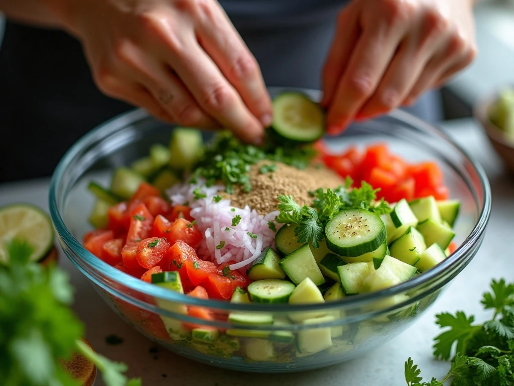 Mixing fresh cucumber salsa ingredients in a bowl