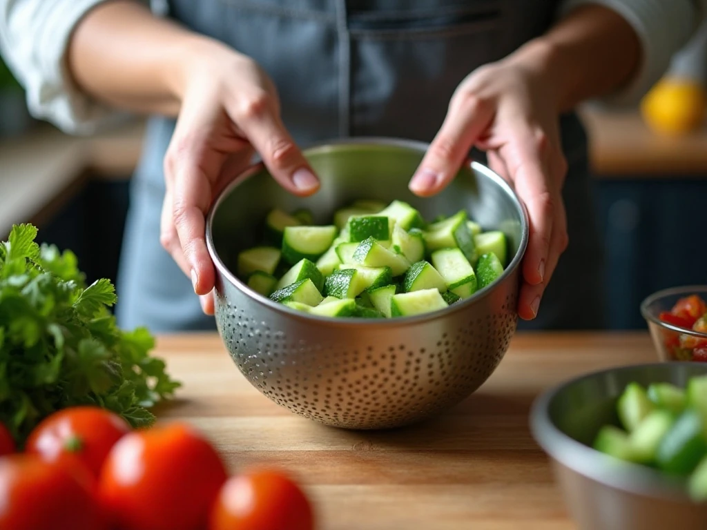 Diced cucumbers draining before making salsa
