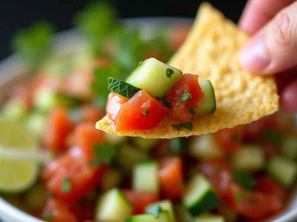 Cucumber salsa served on a crisp tortilla chip