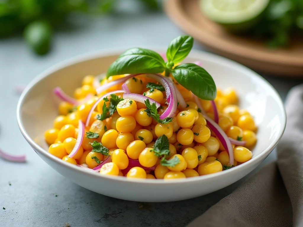 Fresh corn salad with basil and red onion in a serving bowl