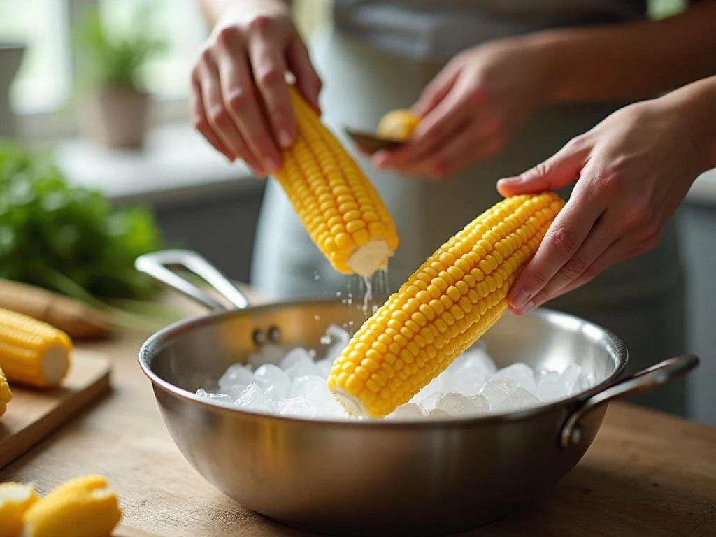 Blanching fresh corn in boiling water and an ice bath