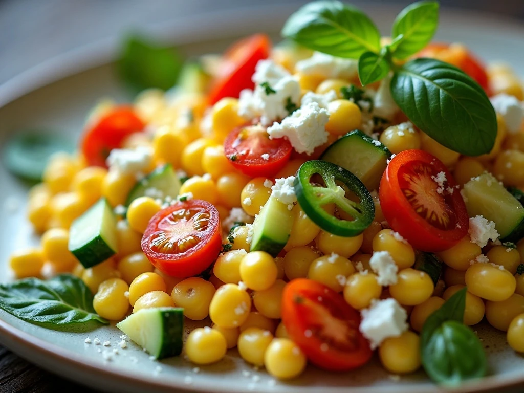 Corn salad with tomatoes cucumber jalapeño and feta