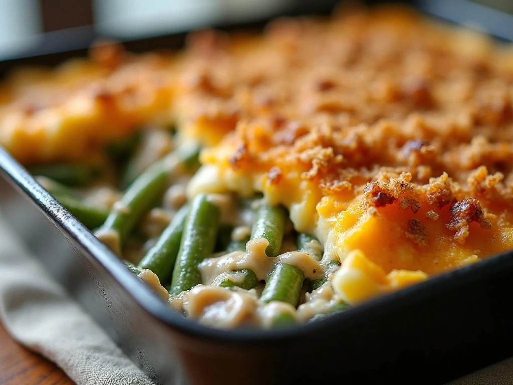 Fresh green bean and potato casserole with cheddar and crispy onions